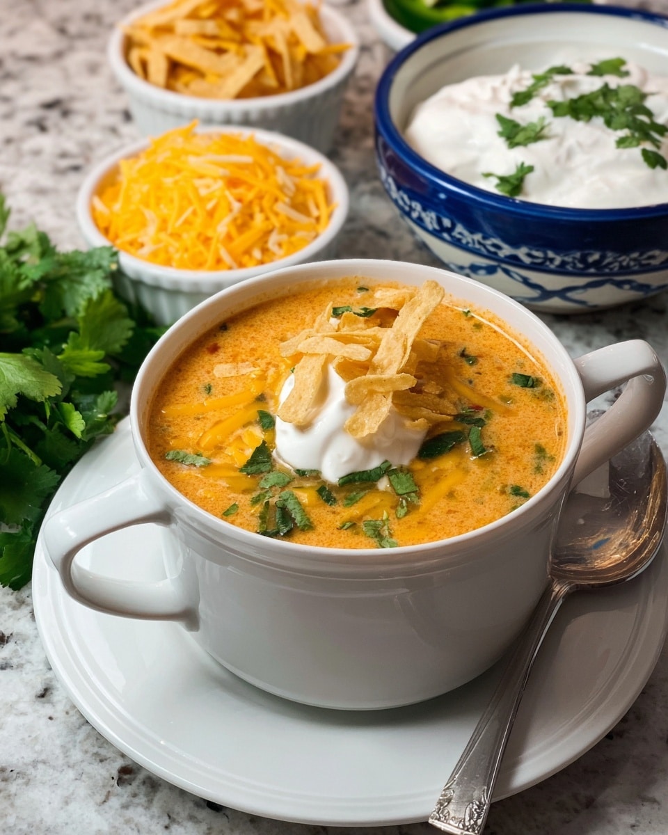 A white cup filled with thick orange soup sits on a white plate with a raised dot pattern. The soup shows bits of green herbs floating inside and is topped with a layer of thin yellow and white shredded cheese, a small pile of golden crunchy strips, chopped green cilantro leaves, and a dollop of white cream on top. In the background on a white marbled surface, there is a white bowl full of the same thin golden crunchy strips, a white bowl with green sliced jalapeños, a dark blue bowl with extra white cream, and a white bowl filled with shredded yellow and white cheese. Fresh green cilantro leaves are placed next to the bowls. Photo taken with an iphone --ar 4:5 --v 7