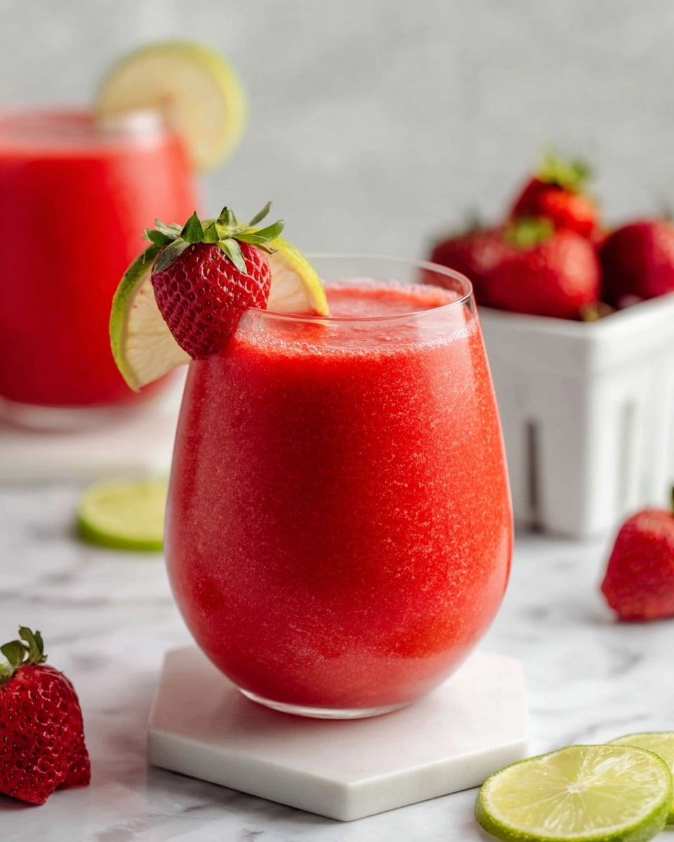 The image shows a bright red strawberry smoothie served in a clear glass with a rounded body and short stem, placed on a white hexagonal coaster on a white marbled surface. The smoothie fills the glass almost to the top with a smooth, thick texture. On the rim of the glass, there is a fresh red strawberry next to a thin lime wedge, both adding vibrant color and decoration. In the background, another similar glass with the same smoothie and garnish is partially visible. To the right, a white rectangular container filled with fresh strawberries sits on the surface, with more lime wedges and strawberries scattered around. The photo is taken with an iphone --ar 4:5 --v 7