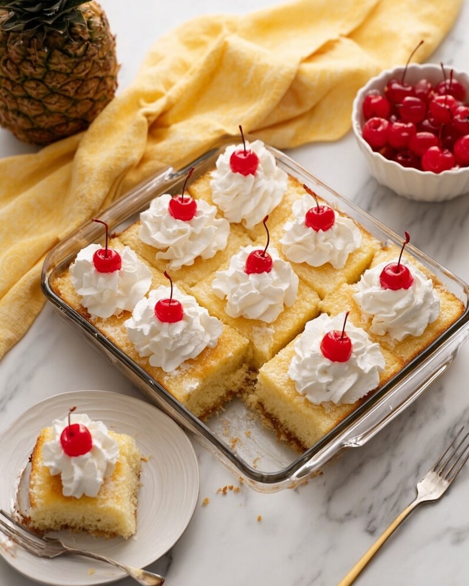 The image shows a glass baking dish with nine pieces of light golden-yellow cake arranged neatly, each topped with a swirl of white whipped cream and a bright red cherry with a stem on top. One piece is slightly pulled out, revealing the soft, fluffy texture inside. The dish sits on a white marbled surface, with a whole pineapple and a small white bowl filled with cherries in the background. A yellow cloth is draped casually next to the dish, adding a soft color contrast. In the front left corner, there is one piece of the cake on a white plate with a fork nearby. The photo taken with an iphone --ar 4:5 --v 7