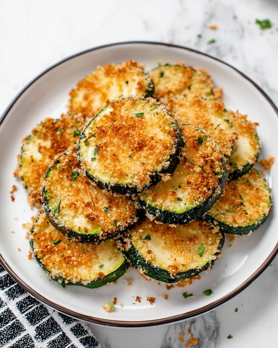 A white plate with a thin dark rim holds a stack of crispy baked zucchini rounds. Each slice is green on the outer edge with a light green inside, topped with a golden brown, crunchy breadcrumb layer that has small bits of herbs mixed in. The zucchini slices are arranged in a slightly overlapping pile. The plate is set on a white marbled surface with a black and white patterned cloth partially visible to the side. Small crumbs are scattered around the plate, adding texture to the scene photo taken with an iphone --ar 4:5 --v 7