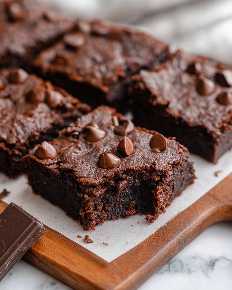 The image shows two dark brown, thick, soft brownies stacked on each other on a white plate. The top brownie has melted chocolate chips scattered across its rough and moist surface. In the background, there is another white plate with a single brownie, slightly blurred. All items rest on a white marbled surface. photo taken with an iphone --ar 4:5 --v 7