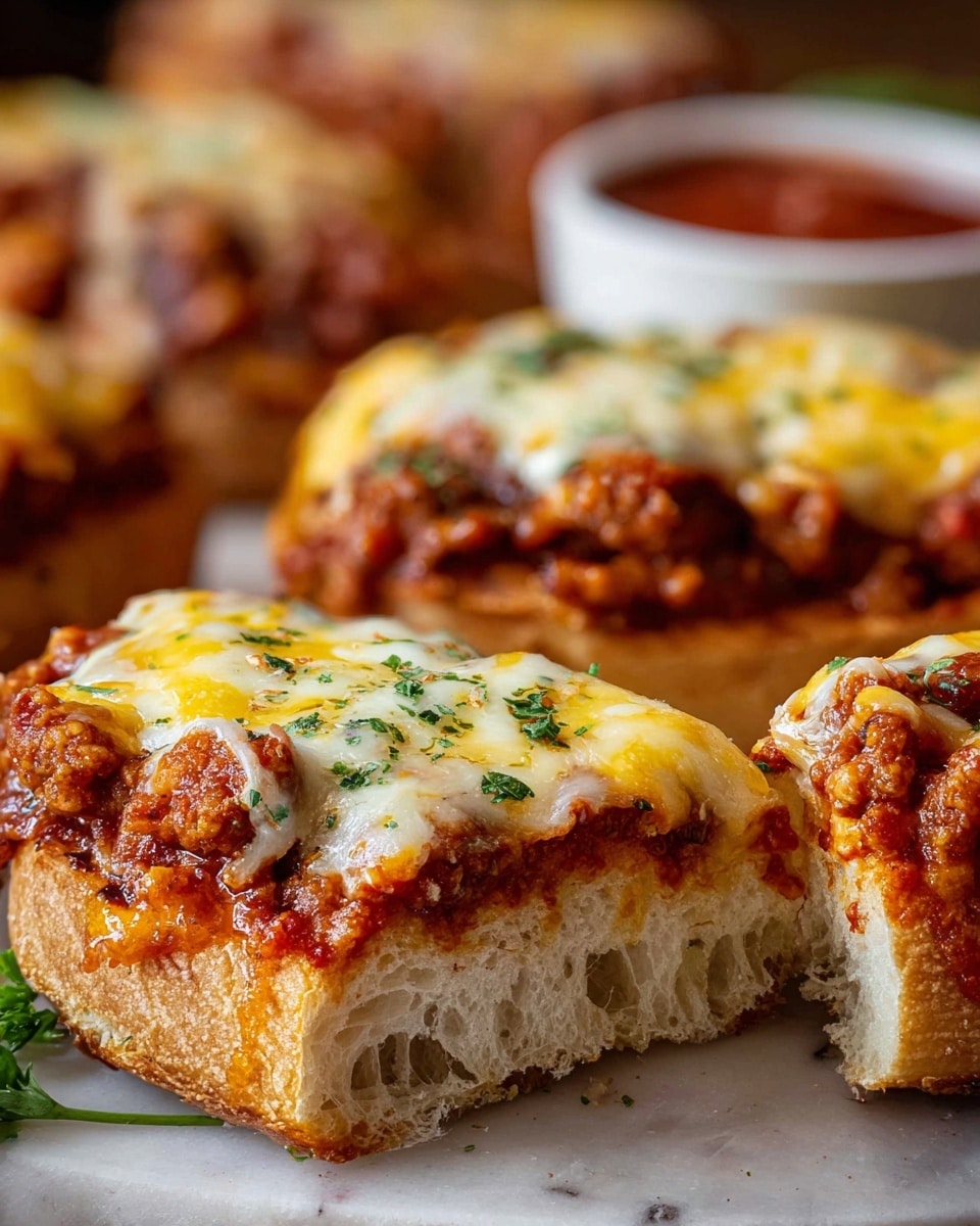 The image shows a deep-dish pizza placed on brown parchment paper over a white marbled surface. The pizza has three layers: a thick, golden-brown crust at the bottom, a chunky, reddish-brown meat sauce layer in the middle, and a top layer of melted cheese blending white and yellow colors with a slightly bubbly texture. The pizza is cut into seven pieces, five long rectangular slices and two triangular slices at the ends. Around the pizza, there are small sprigs of green herbs scattered, and a wooden bowl filled with red tomato sauce, along with another wooden bowl containing chopped fresh green herbs. Photo taken with an iphone --ar 4:5 --v 7
