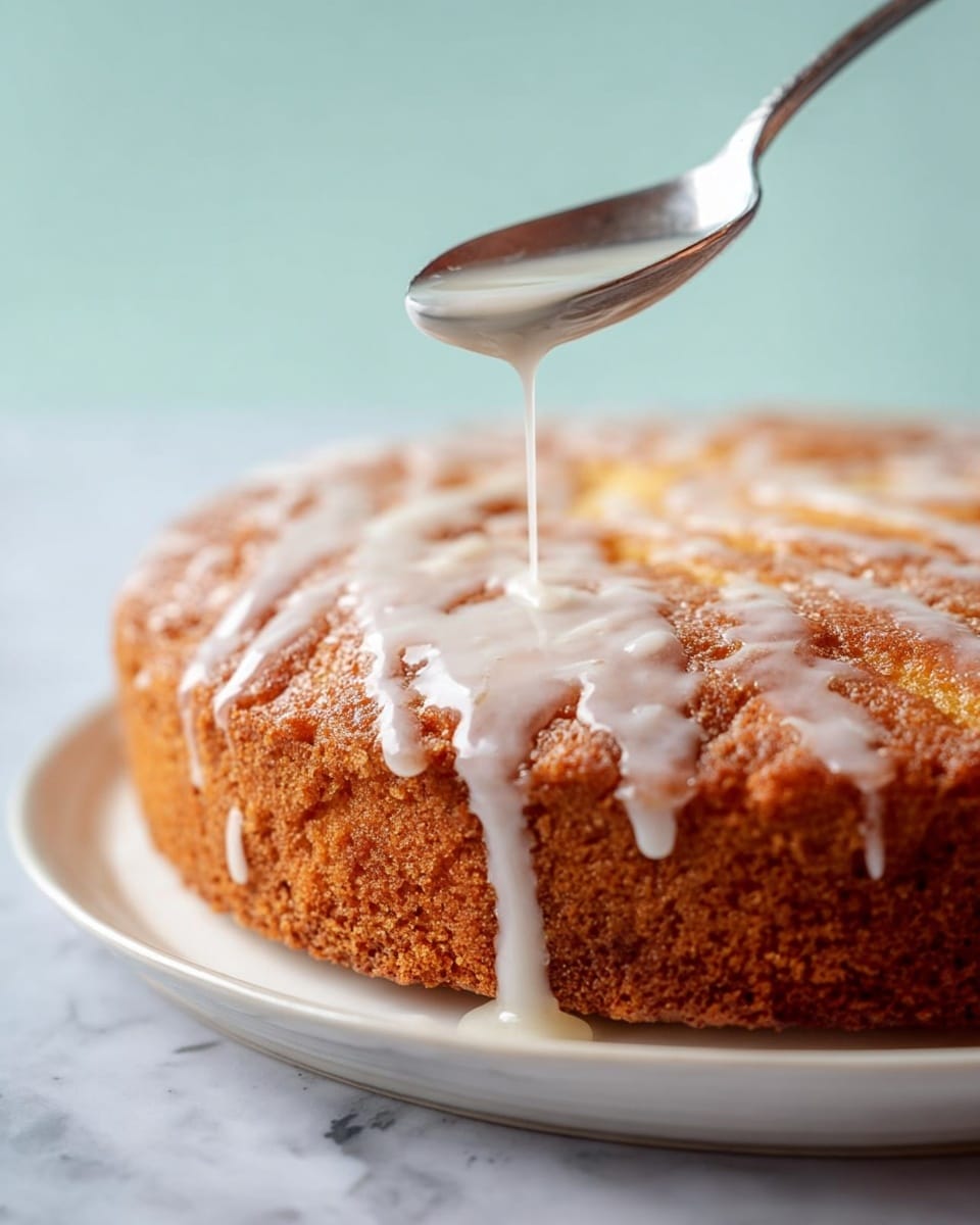 A round, single-layer golden brown cake sits on a white plate, its surface textured with a slightly rough crumb. White glaze is being poured from a metal spoon in thin streams, creating a shiny, smooth layer with irregular lines spreading across the cake top. The background is a soft light blue while the plate rests on a white marbled surface. photo taken with an iphone --ar 4:5 --v 7