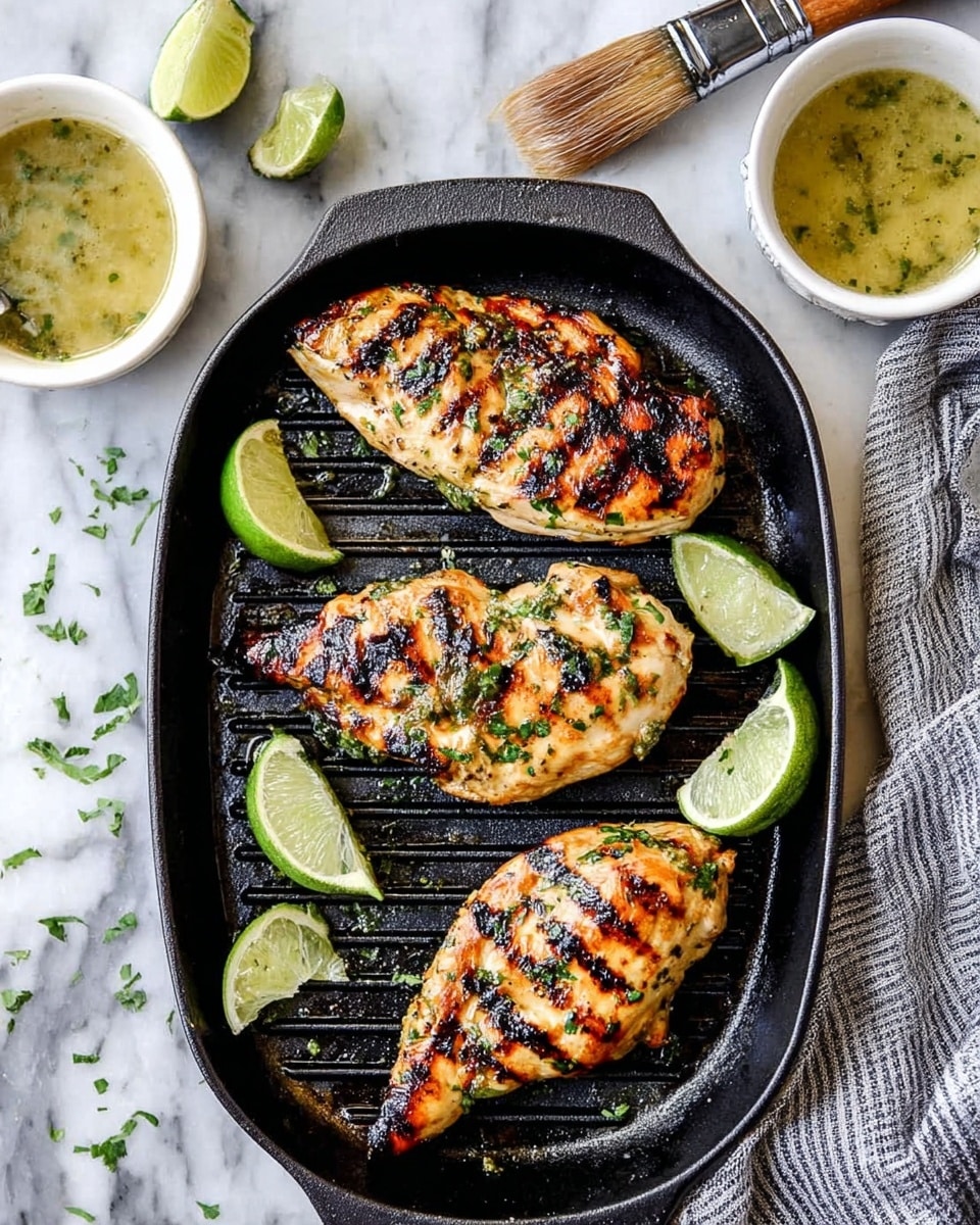 Three grilled chicken pieces with brown char lines and light green herb bits sit on a black grill pan with dark ridges. There are bright green lime wedges around the chicken, with some scattered herbs on the pan. To the side, a small white bowl holds light green sauce with a paintbrush resting in it. The background is a white marbled surface with a gray and white striped cloth partially visible. Photo taken with an iphone --ar 4:5 --v 7