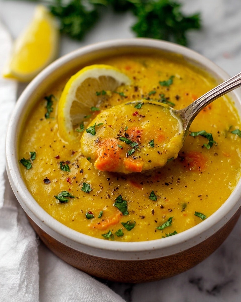 The image shows a close-up of a thick yellow soup with visible small chunks of orange carrot inside. It is served in a round white bowl with a spoon scooping some soup. The soup is garnished with scattered chopped green herbs and cracked black pepper. A wedge of lemon sits on the side inside the bowl. The bowl is placed on a white marbled surface with a white cloth and some parsley in the background. Photo taken with an iphone --ar 4:5 --v 7