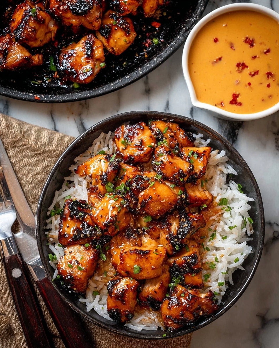 A round black bowl holds a layer of white cooked rice at the bottom, topped with a generous layer of browned, glossy grilled chicken pieces sprinkled with small green herb bits, creating a mix of charred orange and dark brown colors. A small white bowl to the side contains a smooth, creamy orange sauce with red flecks. The background is a white marbled surface with part of a black round plate filled with more grilled chicken pieces visible at the top left. A silver fork and knife with dark handles rest on a light brown cloth at the bottom left. Photo taken with an iphone --ar 4:5 --v 7