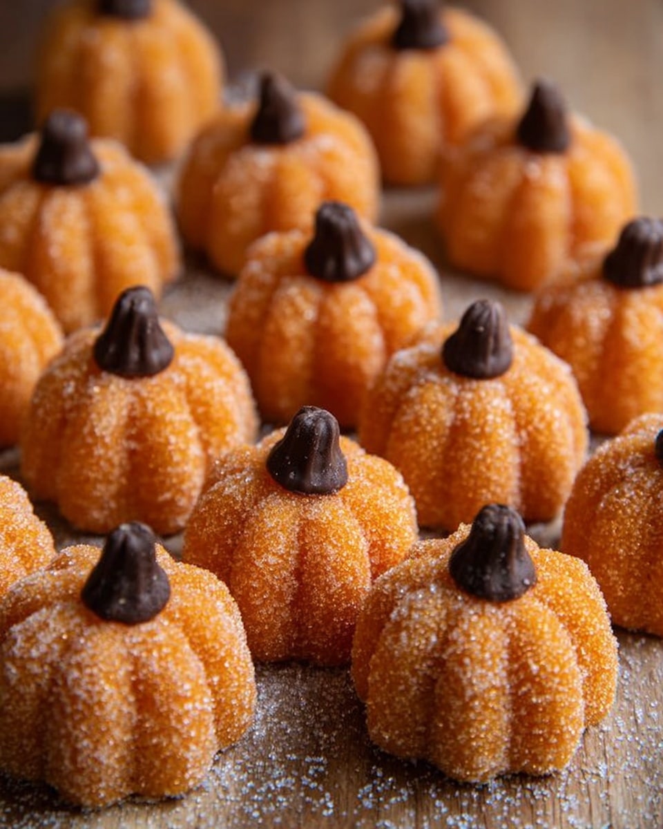 The image shows many small pumpkin-shaped treats arranged closely on a wooden surface. Each treat has about six vertical ridges giving the shape of a pumpkin, covered in orange sugar crystals that make them sparkle. On top of each pumpkin is a small, dark brown chocolate piece shaped like a stem. The surface around the treats has a light dusting of sugar, and the background is softly blurred, focusing on the front pumpkins. photo taken with an iphone --ar 4:5 --v 7
