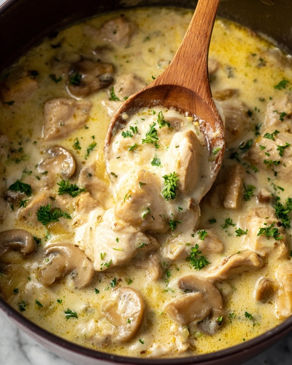 A close-up view of a creamy, thick stew filled with soft coating pale yellow sauce, tender light beige chunks of meat, and sliced mushrooms in light brown and cream colors. The dish has some scattered bright green parsley on top for color contrast. A wooden spoon is shown inside the pot, lifting a spoonful of the creamy mixture towards the center. The background shows a dark cooking pot holding the stew, all set on a white marbled surface. Photo taken with an iphone --ar 4:5 --v 7