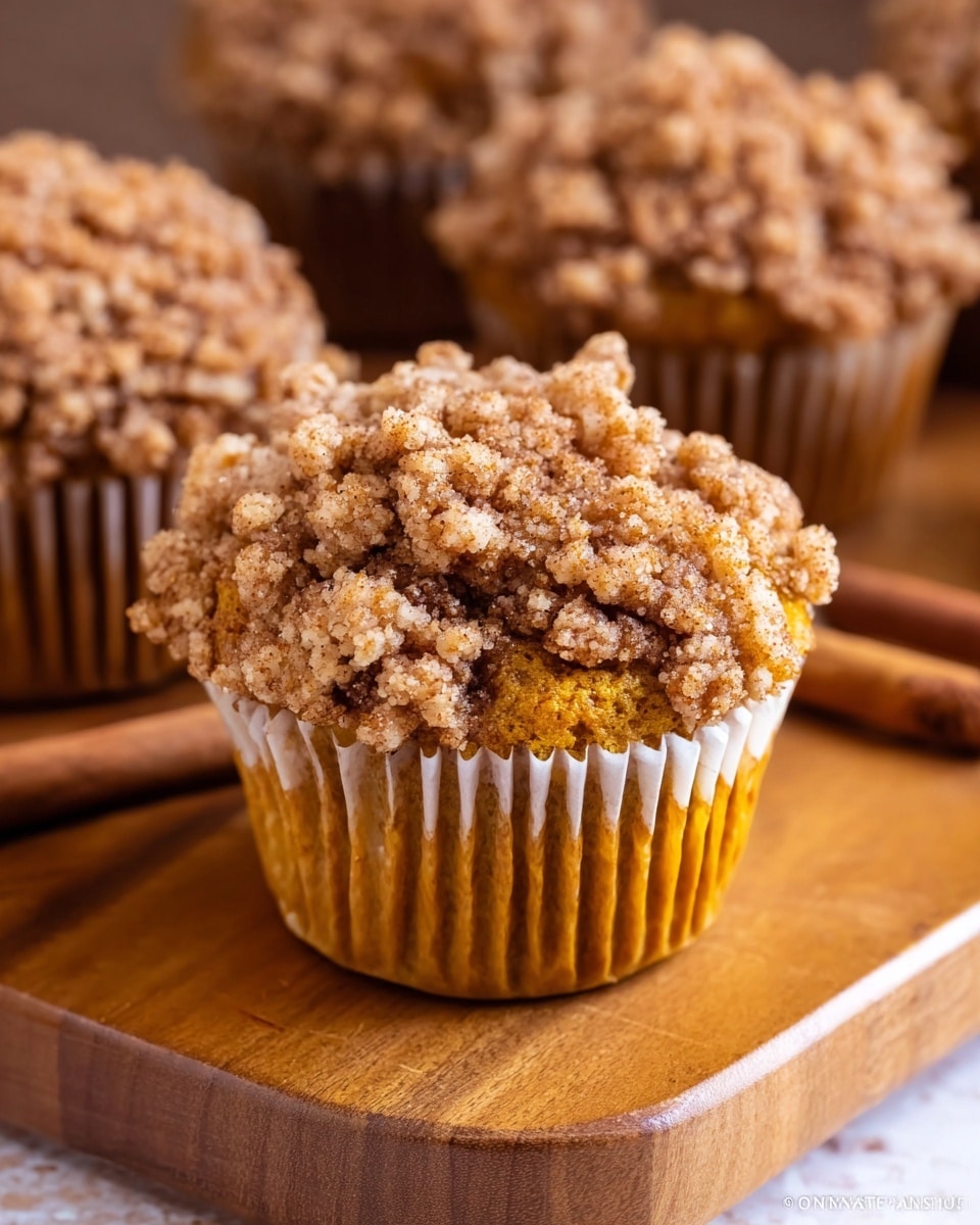A close-up view of a single muffin in a white paper liner, sitting on a white marbled surface. The muffin has one main body layer that is a rich orange-brown color. On top, there is a thick crumbly streusel layer with a light tan color mixed with yellowish bits, creating a rough and chunky texture. Light brown icing is drizzled over the crumb topping in thin lines, adding a smooth contrast. The background shows blurred parts of other muffins on the white marbled surface. Photo taken with an iphone --ar 4:5 --v 7