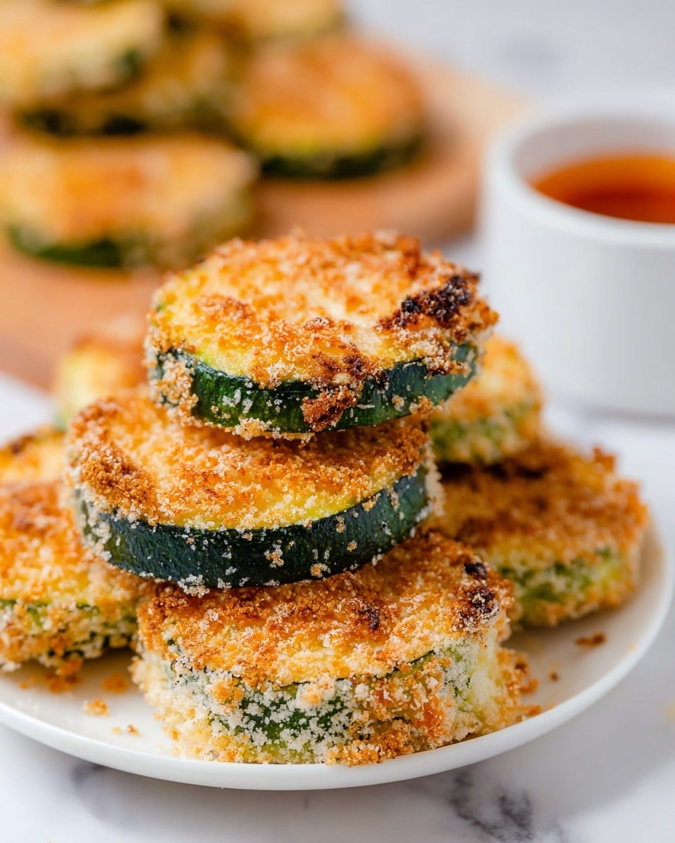 The image shows a stack of crispy baked zucchini rounds on a white plate. Each round has two visible layers: a green zucchini slice base, and a thick, golden-brown breadcrumb coating on top that looks crunchy and slightly uneven. The breadcrumb layer is toasted with some darker brown spots, adding texture. More zucchini rounds are blurred in the background on a wooden surface, and a white cup with a reddish sauce is partially visible to the right. The whole scene is set on a white marbled surface. photo taken with an iphone --ar 4:5 --v 7