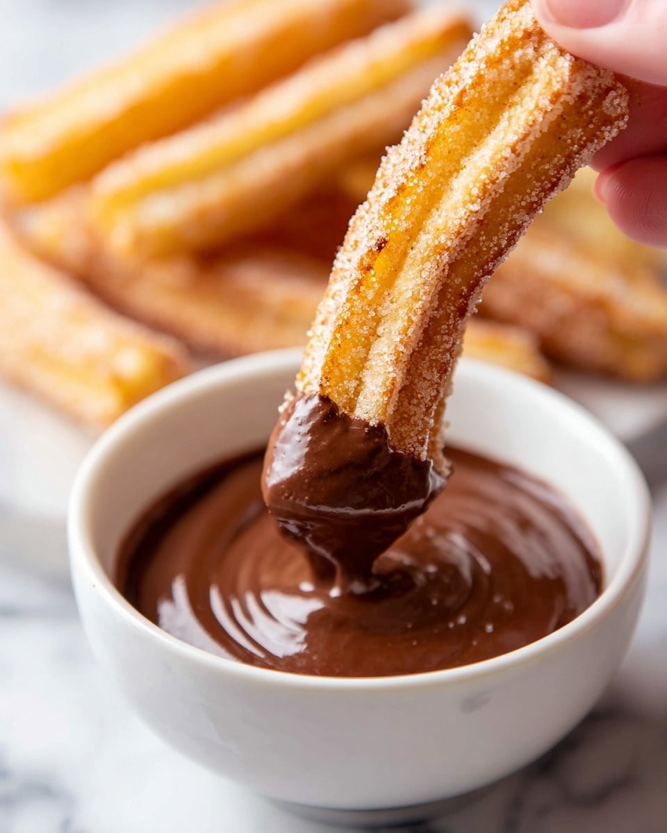 A close-up shows a golden brown churro covered in sugar being dipped into a smooth, thick, dark chocolate sauce inside a white bowl. The churro is held by a woman's hand, bringing it into the creamy chocolate, with more churros visible blurred in the background. The scene is set on a surface with a white marbled texture. photo taken with an iphone --ar 4:5 --v 7
