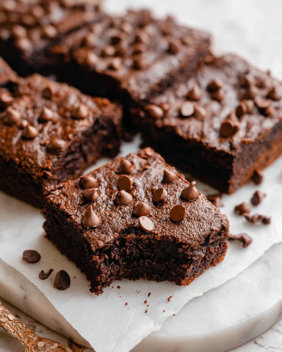 A close-up view of several thick chocolate brownies placed on white parchment paper over a wooden board. Each brownie is dark brown, dense in texture, and dotted with melted milk chocolate chips on top. The brownies have a moist, soft inside visible at the edges, with some chocolate chips slightly melted in the center. A small piece of dark chocolate lies next to the brownies on the parchment paper. The background is a white marbled texture. Photo taken with an iphone --ar 4:5 --v 7