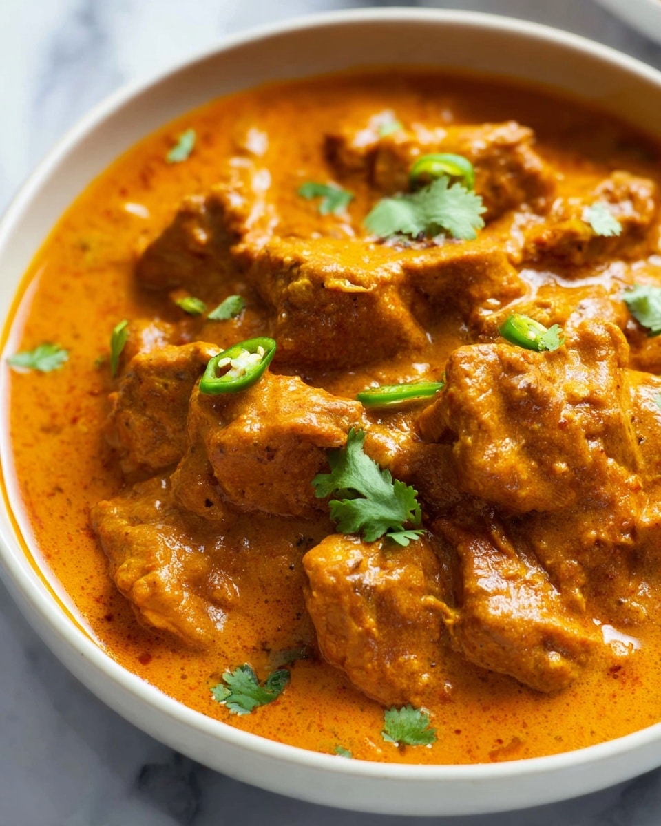 A close-up view of a bowl filled with rich orange curry, showing chunks of tender meat coated in a thick, creamy sauce. The curry has small green chili slices and fresh cilantro leaves scattered on top for color contrast. The bowl is white and set on a white marbled surface, adding brightness to the warm colors of the dish. The curry looks smooth with visible textures in the sauce and meat pieces, giving a hearty and flavorful appearance photo taken with an iphone --ar 4:5 --v 7