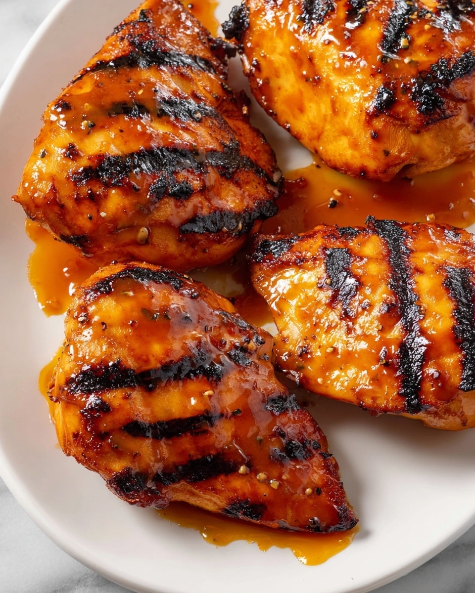 The image shows two thick slices of grilled chicken on a white plate, stacked on top of each other. The chicken is light beige inside with a golden-brown outer layer that has a shiny red-brown sauce glaze, some charred spots, and a slightly juicy texture. A silver fork is holding the top slice of chicken, angled from the left side. The background includes a blurry yellow and orange can and another white plate with similar chicken pieces, all set against a white marbled surface. Photo taken with an iphone --ar 4:5 --v 7