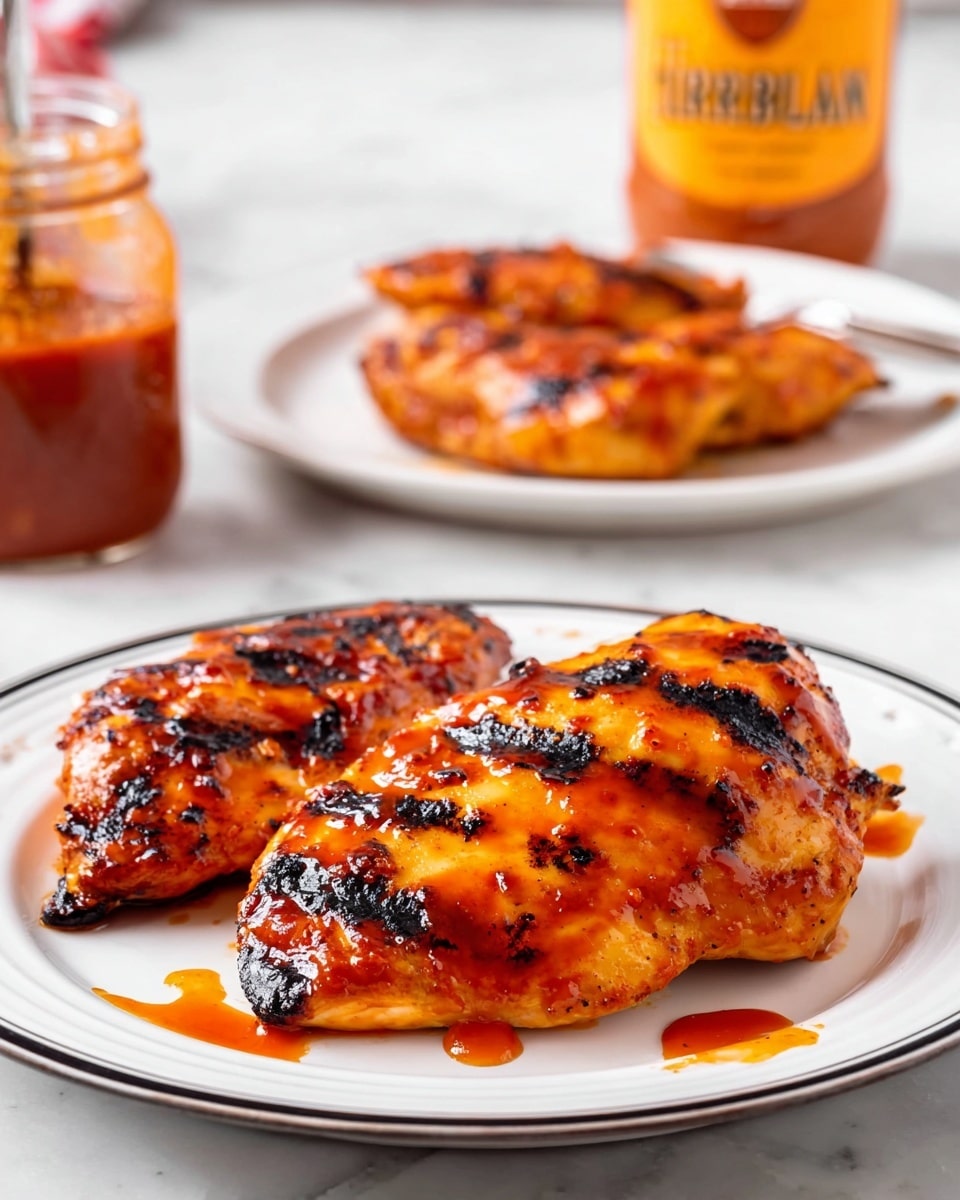 The image shows four grilled chicken pieces with a shiny orange glaze and dark grill marks. Each piece has a slightly charred texture with areas of darker brown and black lines from the grill. The glaze looks sticky and reflects light, giving the chicken a wet and flavorful look. The chicken pieces sit close together on a white plate, with some orange sauce drips around them on a white marbled surface. The colors of the chicken are mostly bright orange with black and brown charred spots. photo taken with an iphone --ar 4:5 --v 7