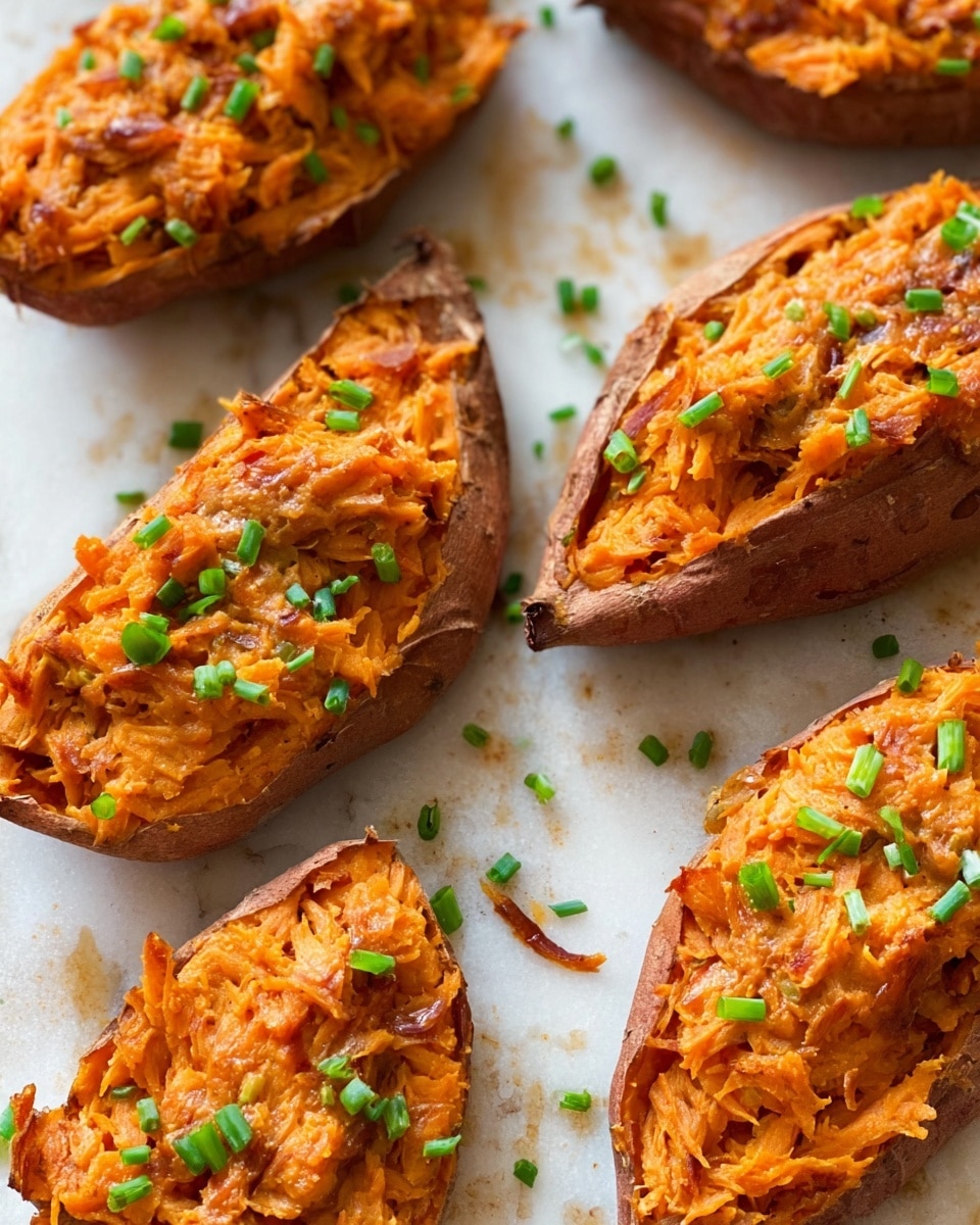 The image shows eight pieces of sweet potato halves arranged on parchment paper over a white marbled surface. Each sweet potato half has three layers: the base is the orange and slightly crisp sweet potato skin, the middle layer is a textured, shredded mixture of a lighter orange and beige color, likely a filling, and the top layer is a drizzle of thick brown sauce with small green bits sprinkled over it, possibly chopped green onions. The sweet potatoes are spaced evenly with some sauce drops around them, creating a colorful and appetizing look. photo taken with an iphone --ar 4:5 --v 7