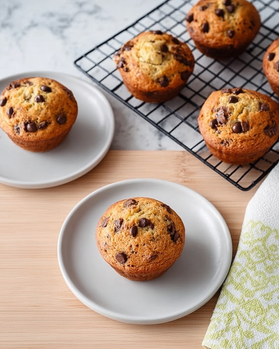 The image shows two golden-brown chocolate chip muffins on a white plate in the foreground, each with a slightly cracked top sprinkled with melted chocolate chips. One muffin is centered on the plate, while the other is on a separate white plate to the left. Above them, three more muffins sit on a black cooling rack, showing a textured, slightly crispy top with scattered chocolate chips. The scene is set on a light wooden surface with a white and green cloth napkin visible on the right side, all against a white marbled background. photo taken with an iphone --ar 4:5 --v 7