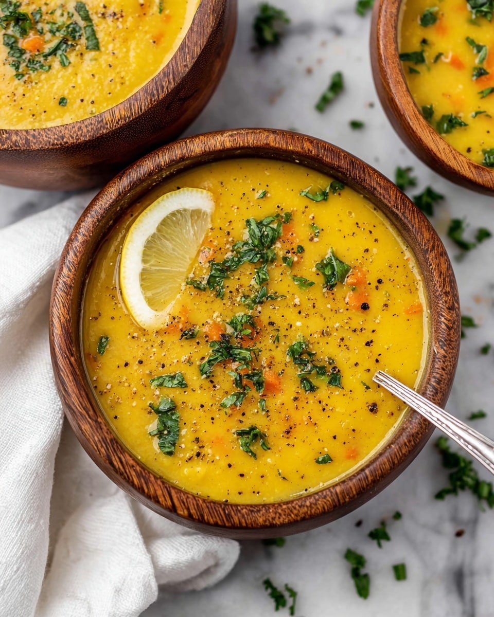 A wooden bowl filled with thick yellow soup that has small orange and light pieces, topped with chopped green herbs and black pepper. A lemon wedge is placed inside the soup on the left side of the bowl. A silver spoon rests in the soup on the left side. Around the bowl, there is a white cloth and some small green herb pieces scattered on a white marbled surface. Another similar bowl of soup is partially visible at the top right. Photo taken with an iphone --ar 4:5 --v 7