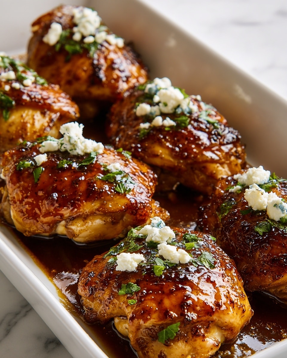 The image shows six pieces of cooked chicken arranged neatly in a white rectangular dish. Each piece is covered with a shiny, dark golden-brown sauce giving a glazed look. There are small white dollops of soft cheese scattered on top, along with fresh green chopped herbs, adding a bit of color contrast. The dish sits on a white marbled surface, which brightens the image. The focus is close, capturing the texture of the chicken skin and sauce clearly. photo taken with an iphone --ar 4:5 --v 7