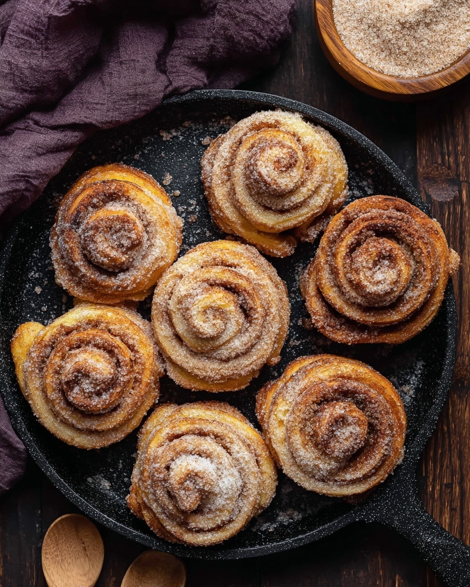 A close-up image shows six cinnamon sugar rolls shaped like roses, placed on a black plate. Each roll has tightly coiled layers of golden brown dough dusted with fine white sugar crystals, creating a crunchy texture on the outside. The surface of the rolls has a slightly rough, sugary coating, and the layers spiral from the center outward, giving a flower-like appearance. The background is a white marbled surface with some cinnamon sticks in soft focus. The lighting highlights the warm tones of the rolls, making them look fresh and appetizing. photo taken with an iphone --ar 4:5 --v 7