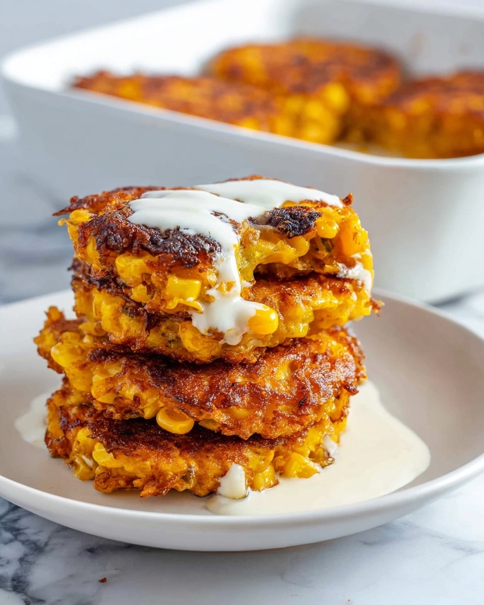 A stack of four golden-brown corn fritters with a crispy texture is placed on a white plate. The fritters have visible corn kernels and some brown, slightly charred spots, showing a rich, crunchy surface. The top fritter is drizzled with a white creamy sauce that flows down the sides slightly. In the background, a white rectangular baking dish filled with more fritters sits on a white marbled surface, adding depth to the image. The scene is bright with natural light highlighting the warm colors of the fritters. photo taken with an iphone --ar 4:5 --v 7