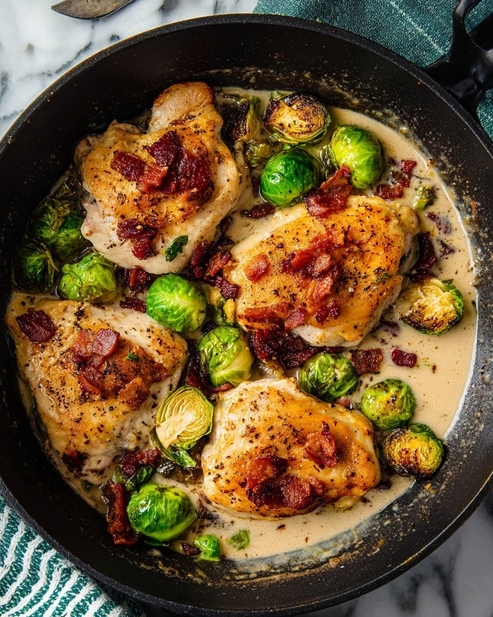 A close-up image shows three golden brown cooked chicken pieces in a pan with some green brussels sprouts scattered around. A silver spoon held by a woman's hand is pouring a creamy light beige sauce with black pepper specks over the chicken in the center. The chicken pieces have a slightly shiny, moist texture with small bits of crispy bacon on top. The background shows a black pan and the whole scene rests on a white marbled surface. photo taken with an iphone --ar 4:5 --v 7