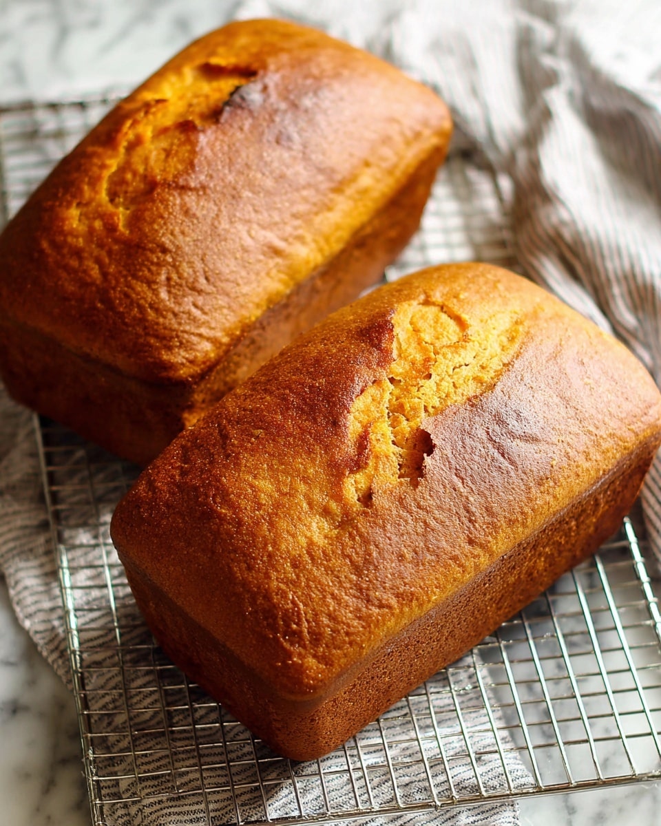Two rectangular loaves of golden brown bread with a slightly cracked crust on top sit on a silver cooling rack over a white marbled surface. The texture of the bread appears soft inside with a darker, crispy outer edge. The crust has a rich, warm brown color with hints of orange near the cracked top layer, showing a fresh, baked look. The light source highlights the uneven texture and warmth of the bread, with a striped cloth subtly visible underneath. Photo taken with an iphone --ar 4:5 --v 7
