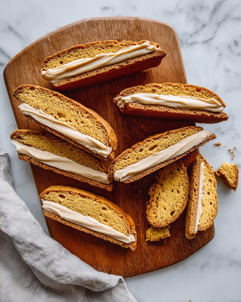 The image shows a silver baking tray lined with brown parchment paper, holding nine biscotti pieces arranged in three rows. Each biscotti is a long, curved, golden-brown slice with a rough texture and small air holes, showing a crisp exterior. The frontmost biscotti is open-faced, revealing a thick, creamy white spread with a slightly smooth, soft texture evenly coated on the flat side. The tray is placed on a white marbled surface, and part of a woman's hand can be seen lightly touching one biscotti on the left edge. photo taken with an iphone --ar 4:5 --v 7