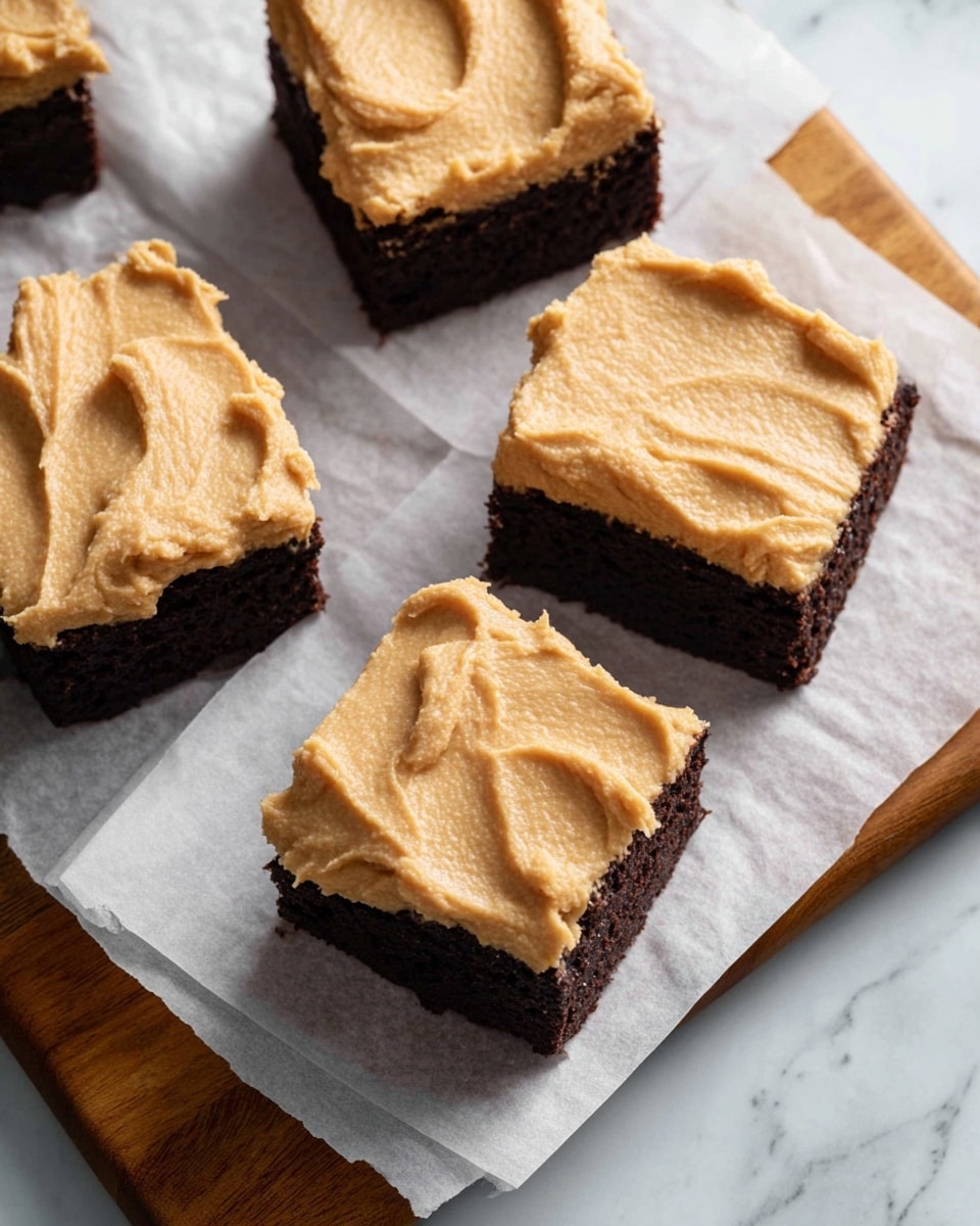 Five square pieces of dark brown cake with a thick layer of light brown frosting on top are placed on white parchment paper, all set on a wooden board. The frosting has a smooth, slightly textured surface with soft swirls and uneven edges. The wooden board contrasts with the white marbled background underneath, creating a clean and simple presentation. Photo taken with an iphone --ar 4:5 --v 7