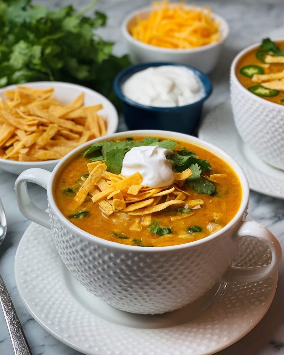 A white cup filled with creamy orange soup sits on a matching white saucer. The soup has visible pieces of green herbs and melted yellow and white cheese mixed in. On top, there is a small pile of light brown crunchy strips and a spoonful of thick white sour cream. Around the cup are small white bowls holding shredded yellow and white cheese, sliced green jalapeño peppers, and more light brown crunchy strips. A blue and white bowl with extra white sour cream and some green leafy cilantro sprigs are also placed nearby on a white marbled surface. photo taken with an iphone --ar 4:5 --v 7