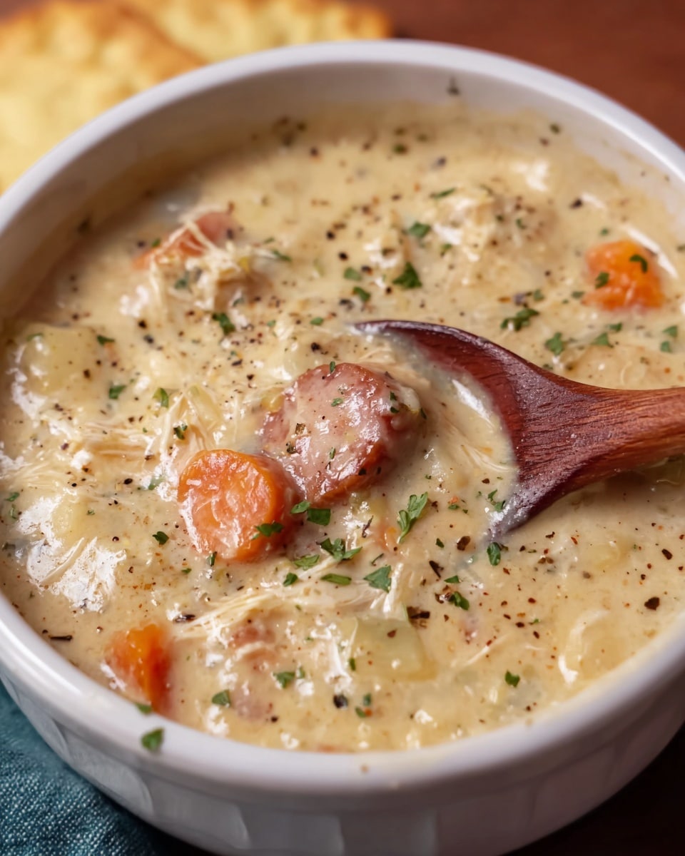 A close-up view of a creamy soup inside a white bowl, showing a thick texture with visible small pieces of shredded chicken, chopped orange carrots, and whole brown mushrooms. The soup has a light beige base speckled with green herbs and black pepper, with a wooden spoon partially dipped in on the right side. The soup’s surface looks smooth but chunky with a shiny, slightly wet finish. Photo taken with an iphone --ar 4:5 --v 7