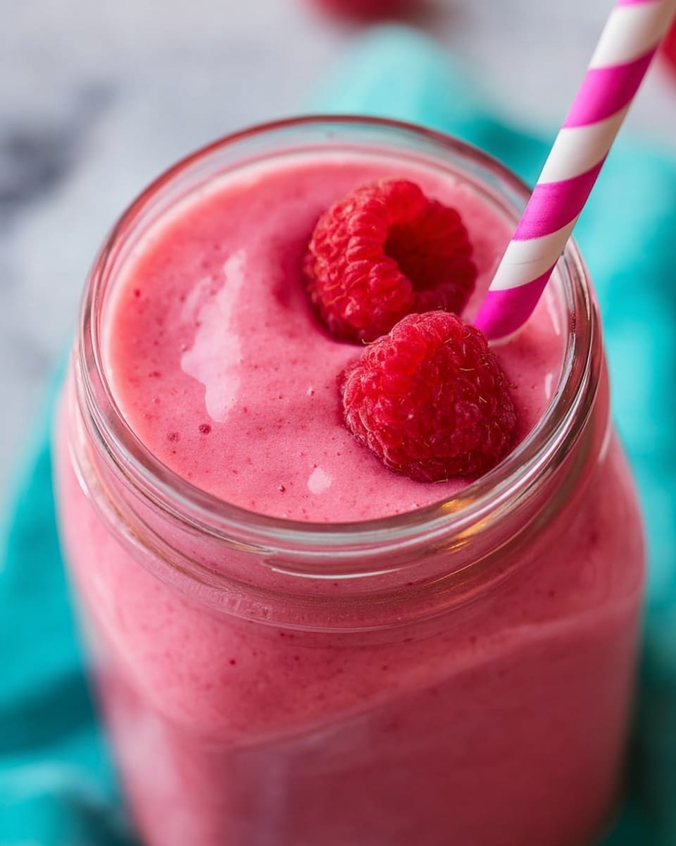 A glass jar filled with smooth, thick pink smoothie sits on a white marbled surface with a turquoise cloth partially under it. Two fresh bright red raspberries float on the top of the smoothie, and a pink and white striped straw is inserted on the left side of the jar. A few more raspberries are scattered around the base of the jar along with a blurred silver spoon in the background. Photo taken with an iphone --ar 4:5 --v 7