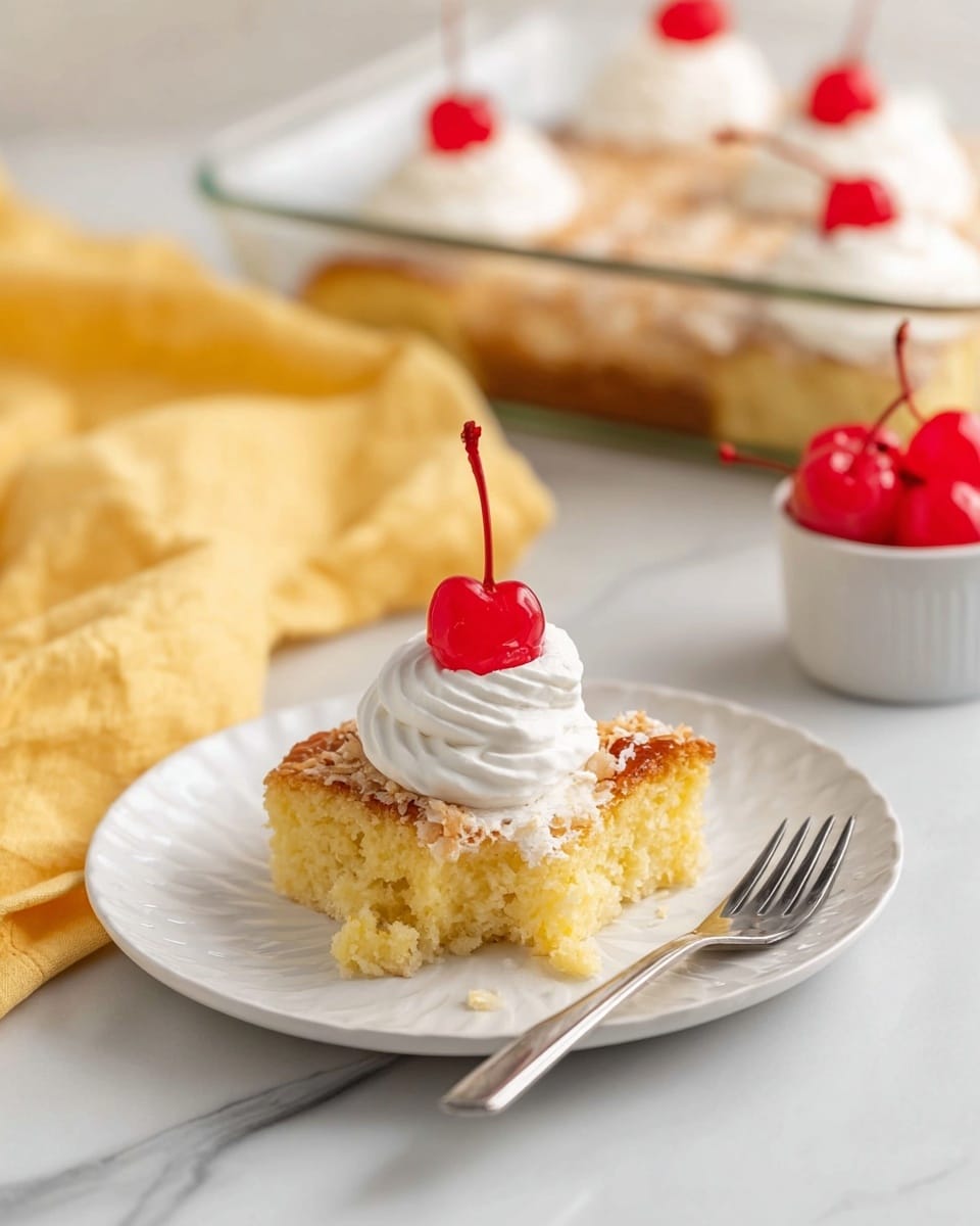 A square piece of golden brown cake with a rough top layer sits on a white plate, showing a soft, moist inside with a slightly crumbly texture. On top of the cake is a round swirl of white whipped cream, topped with a bright red cherry with its stem. A silver fork rests next to the cake on the plate. In the background, a glass baking dish holds more cake pieces each topped with whipped cream and a cherry. There is a small white cup filled with extra cherries nearby, all set on a white marbled surface with a soft yellow cloth partially visible. Photo taken with an iphone --ar 4:5 --v 7