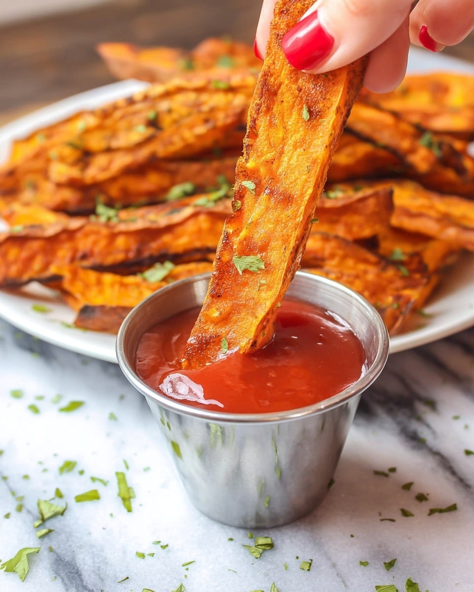 A close-up view shows a woman's hand with red nail polish dipping a long, orange-brown seasoned sweet potato fry into a small silver cup filled with bright red ketchup. Behind this, there is a white plate filled with more sweet potato fries, sprinkled with small green herb pieces. The background is a white marbled surface with scattered green herbs. photo taken with an iphone --ar 4:5 --v 7