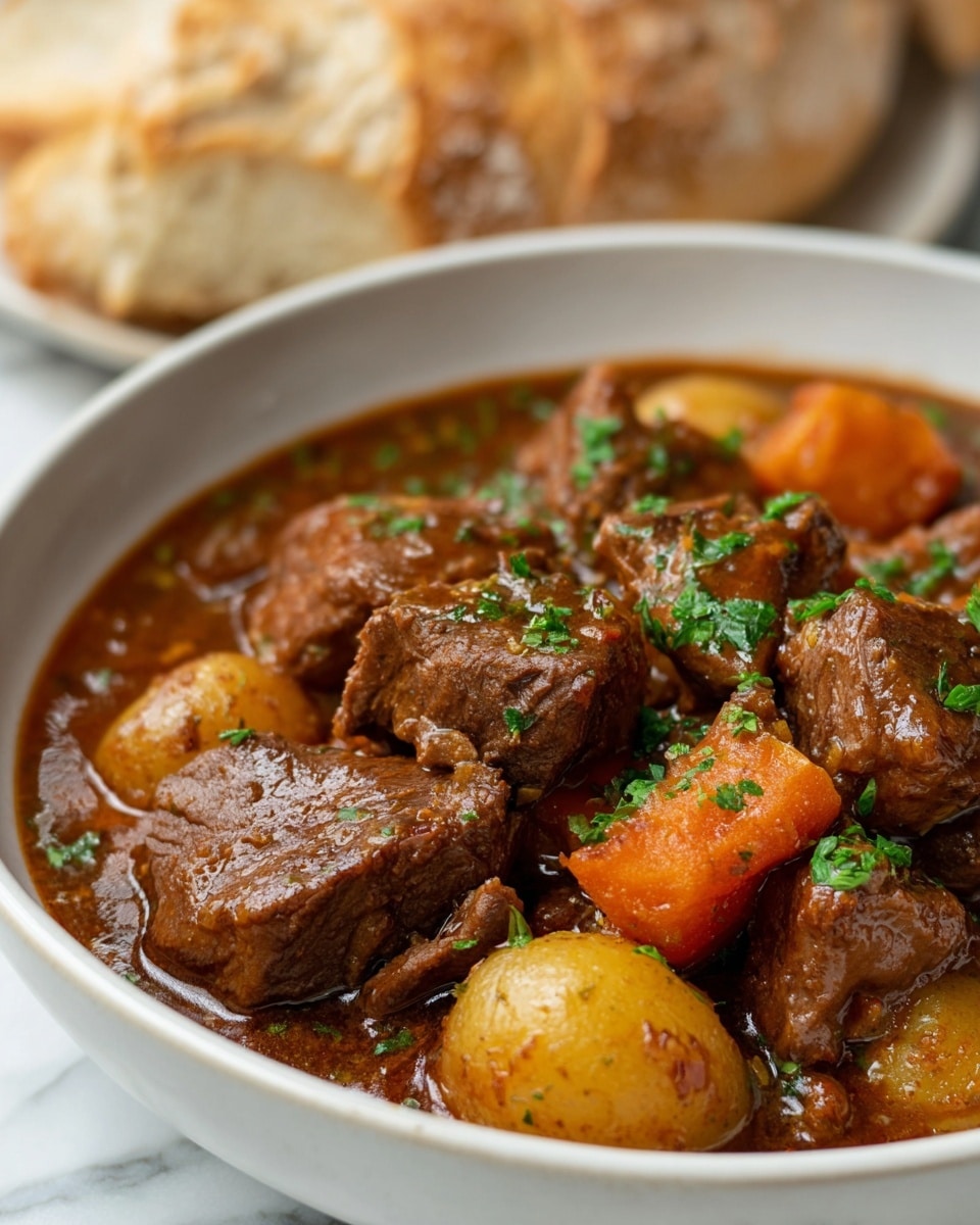 A white bowl filled with thick beef stew, showing three main layers: at the bottom, a glossy dark brown sauce, in the middle, chunks of tender brown beef and large pieces of orange carrots and light yellow potatoes, and on top, small green parsley bits sprinkled evenly. A silver spoon rests inside the bowl on the right side. Behind the bowl, there is a white marbled surface with pieces of light brown bread and a small roll with oats. Part of another bowl with the stew is visible in the upper right corner, topped with parsley. photo taken with an iphone --ar 4:5 --v 7