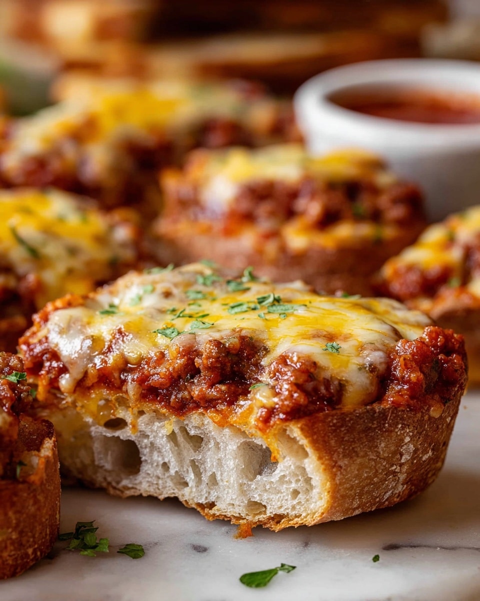 A thick slice of bread topped with a layer of red meat sauce mixed with small pieces of ground meat, covered by a melted blend of yellow and white cheese. The bread looks soft inside with a slightly crispy crust. A woman's hand with black nail polish is picking up the bread slice. In the background, there are more similar slices on a white marbled surface with some blurred green herbs. photo taken with an iphone --ar 4:5 --v 7