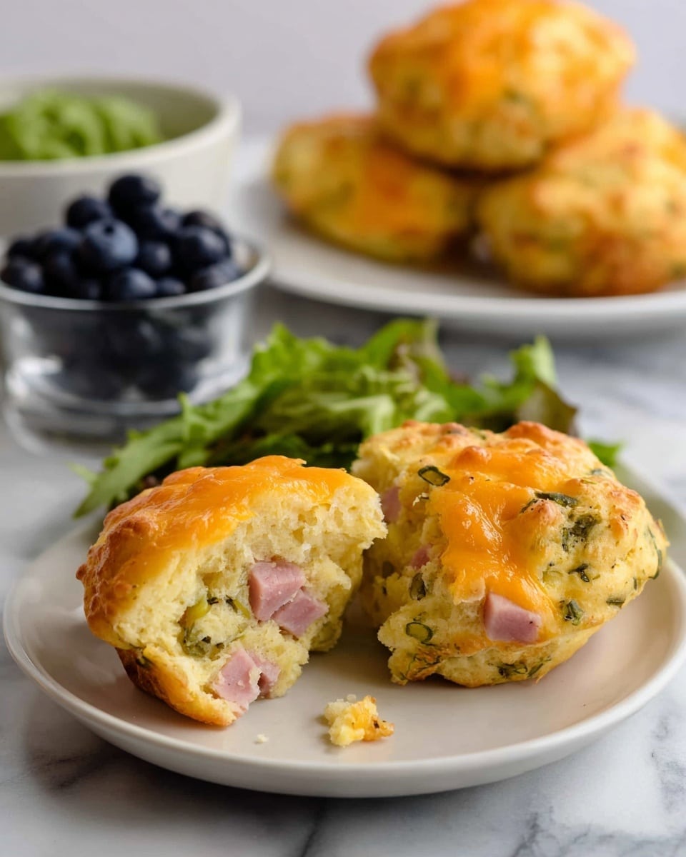 The image shows several small, round, golden baked muffins with an uneven, slightly rough textured top, speckled with orange bits of cheese and green herbs. One muffin is torn open at the front, revealing layers inside that include bits of green leafy vegetables and small pink cubes of ham. The muffins rest on a white plate with a small clear glass bowl filled with dark blue blueberries beside them. The background and surface under the plate are a white marbled texture. photo taken with an iphone --ar 4:5 --v 7