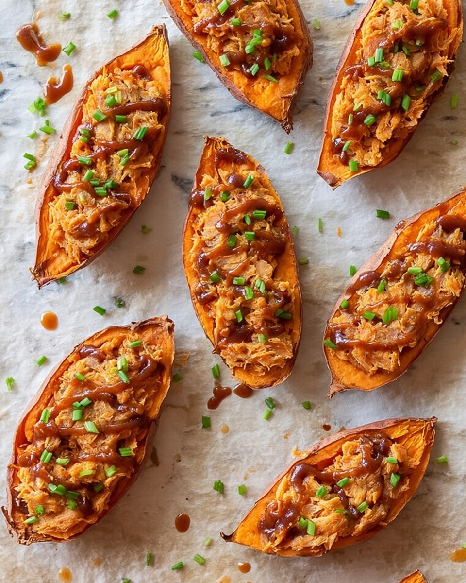 The image shows eight slices of roasted sweet potato arranged on crinkled parchment paper over a white marbled surface. Each sweet potato slice is topped with a thick layer of shredded chicken mixed with small bits of red onion, giving the topping a textured and slightly chunky look. The chicken topping has a light orange color with some darker spots, hinting at seasoning and cooking. The sweet potato flesh beneath is a deep orange, visible around the edges of the topping. The slices vary in shape but are all roughly oval and evenly spaced. Photo taken with an iphone --ar 4:5 --v 7