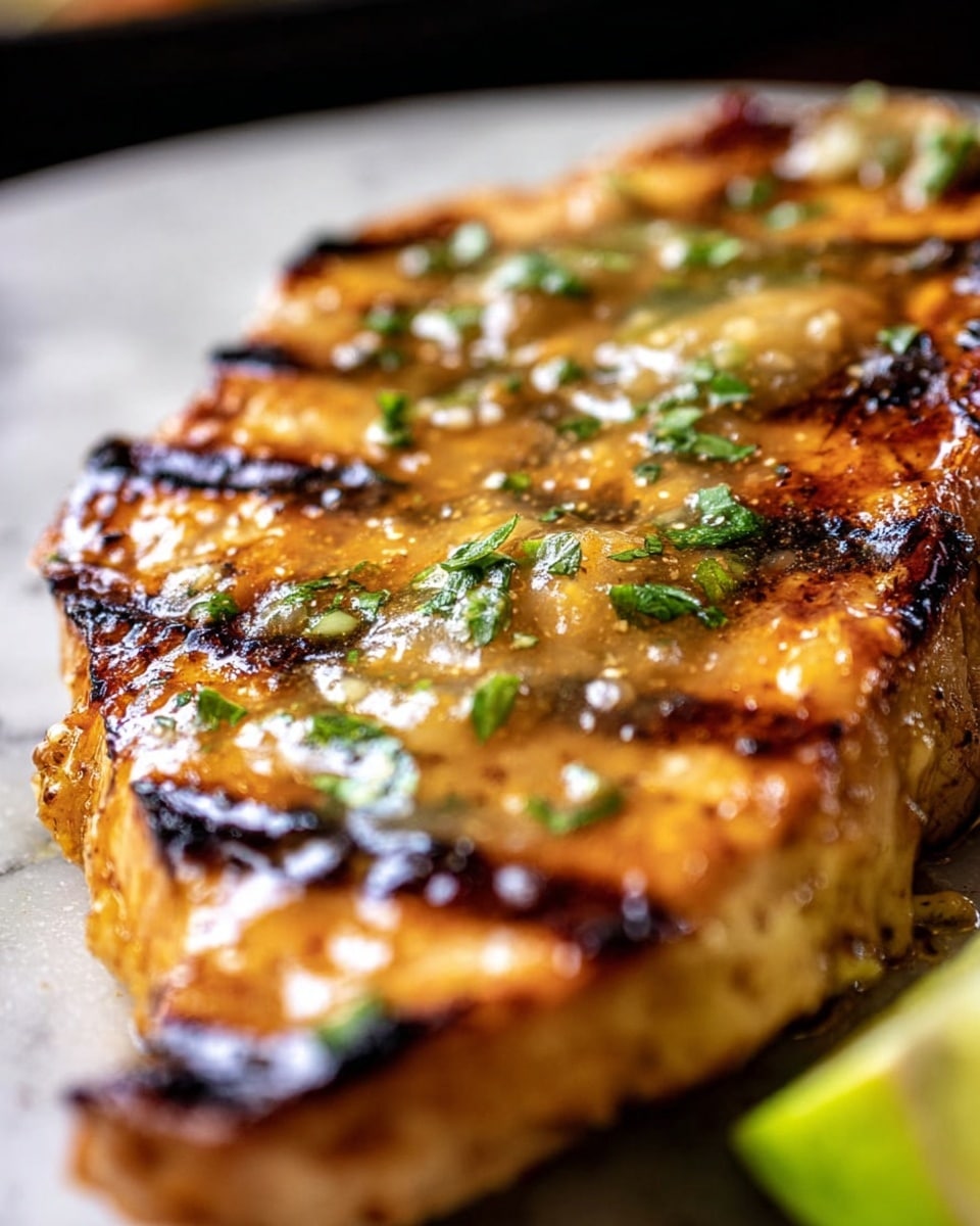A close-up of a grilled food piece showing a golden brown color with shiny, melted cheese on top, sprinkled with small, chopped green herbs. The food has clear dark grill lines across its surface, adding texture and a slightly charred look. The edge of a white marbled surface is visible nearby with a small piece of lime, hinting at freshness. The photo taken with an iphone --ar 4:5 --v 7