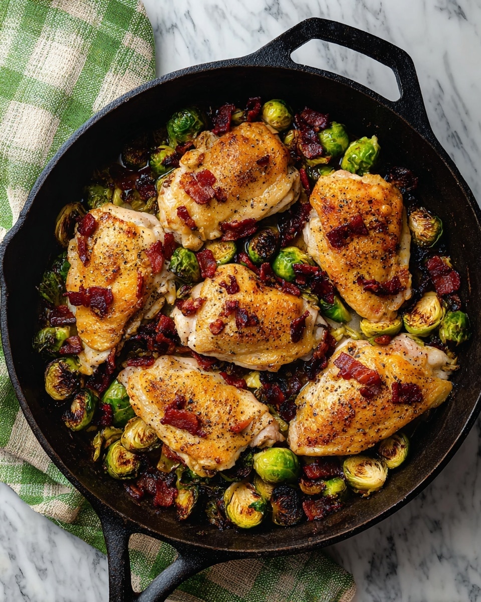 The image shows a black skillet filled with four golden-brown cooked chicken pieces, each seasoned with pepper and bits of crispy dark red bacon scattered on top. Around the chicken, there are halved Brussels sprouts in bright green with some charred edges. The bottom of the skillet has a creamy light tan sauce with specks of pepper, pooling unevenly under the chicken and vegetables. The skillet sits on a white marbled surface with a green and white striped cloth partially visible nearby. Photo taken with an iphone --ar 4:5 --v 7