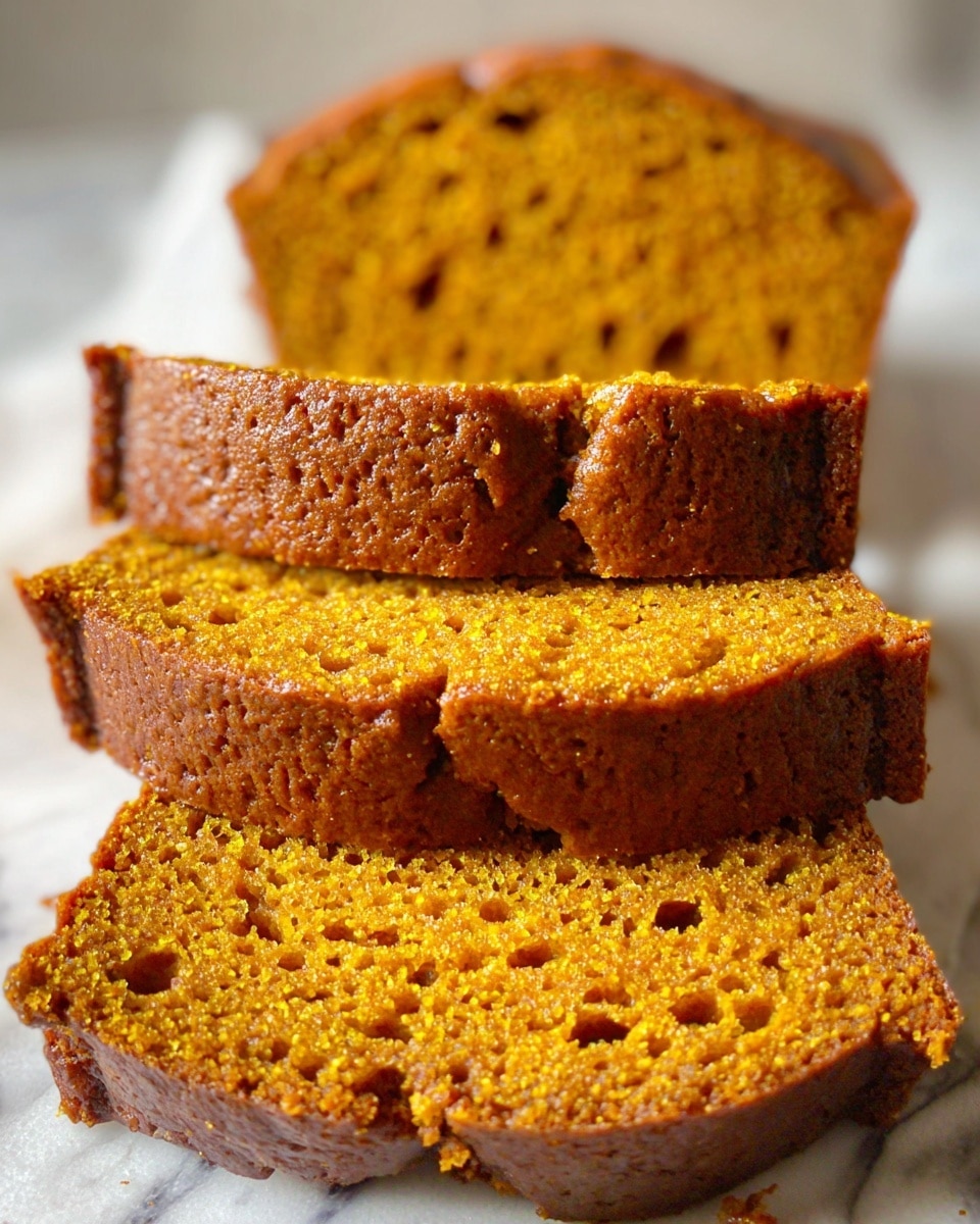 The image shows four thick slices of moist pumpkin bread with a warm orange-brown color. Each slice has a soft, dense texture with small air holes throughout, and a slightly darker, crisp crust along the edges and top. The slices are stacked slightly overlapping each other on a white marbled textured surface with a soft, out-of-focus background. The lighting highlights the moist crumb and the subtle shine on the crust. Photo taken with an iphone --ar 4:5 --v 7