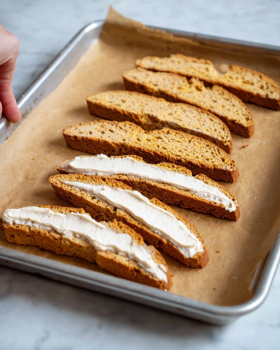 A wooden cutting board placed on a white marbled surface holds several pieces of biscotti, each consisting of two golden-brown, crisp layers with a rough texture and visible small holes, sandwiching a thick layer of light tan cream filling. Some biscotti are fully assembled with the cream filling visible between the layers, while others show only one layer spread with the cream. The biscotti are arranged loosely, and a light gray cloth is partially visible at the bottom left corner. Photo taken with an iphone --ar 4:5 --v 7