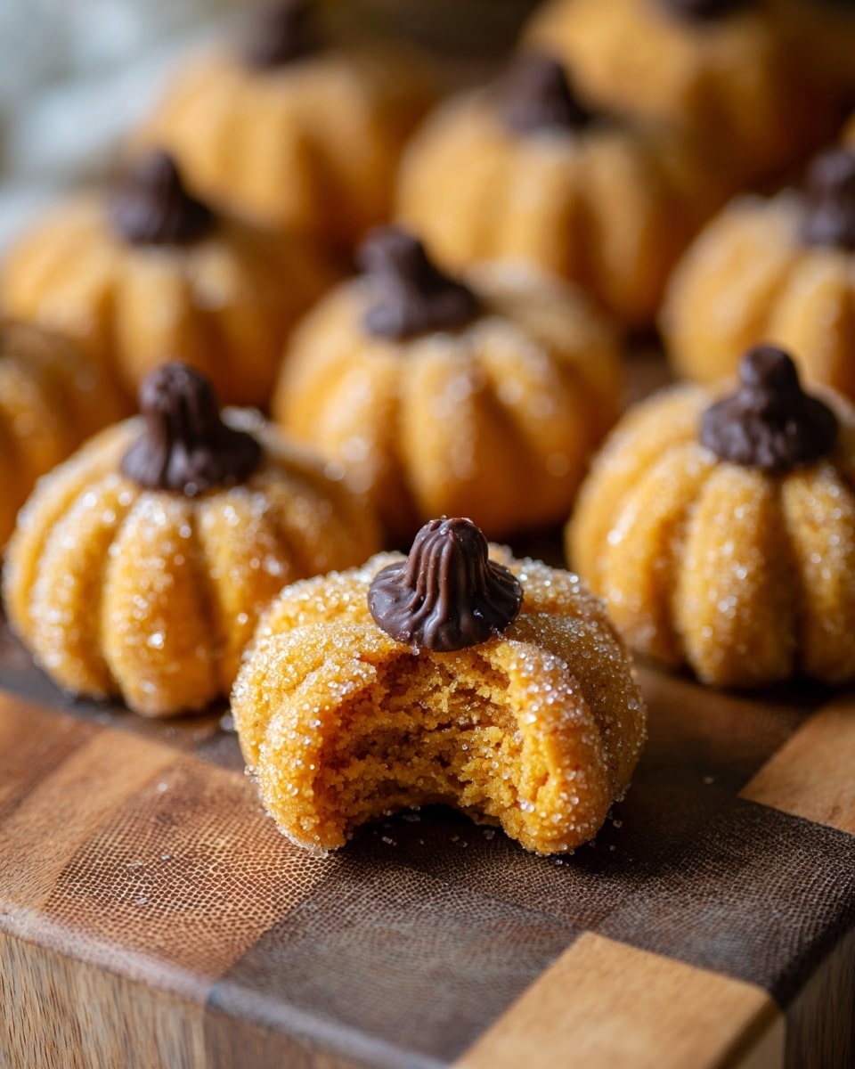 Small pumpkin-shaped cookies are arranged on a wooden board with a checkered pattern. Each cookie is light orange with vertical ridges and coated with sugar crystals giving them a sparkly look. At the top of each cookie is a dark brown chocolate chip stem. One cookie in the front has a bite taken out, showing a soft and crumbly inside, matching the orange outside. The background is softly blurred with more cookies. photo taken with an iphone --ar 4:5 --v 7