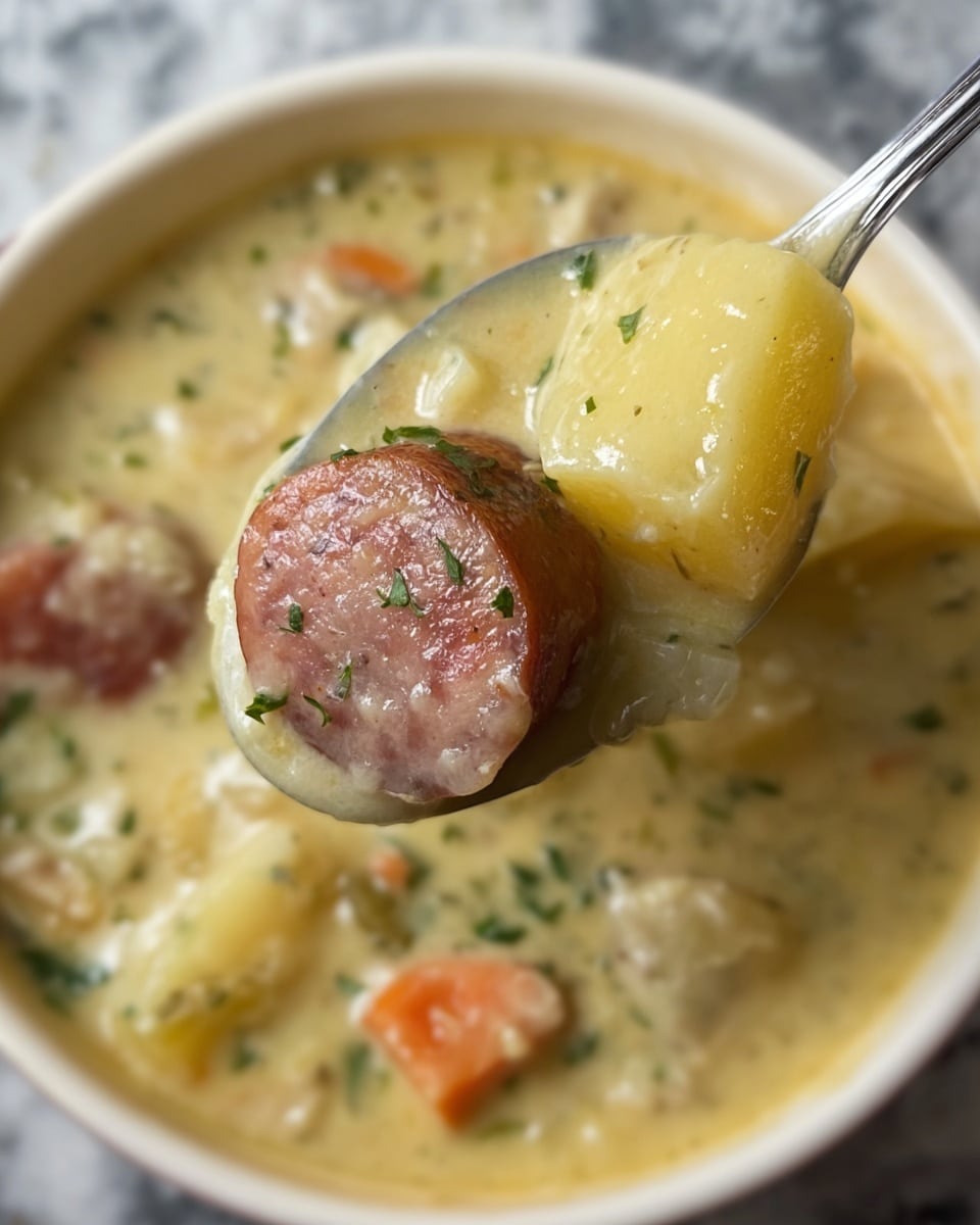 A close-up view of a spoon holding one thick slice of brown sausage and a large, smooth, yellowish potato piece, both covered in a creamy, pale yellow soup with visible green herbs and small bits of orange carrot. The spoon is lifting the mixture from a white bowl filled with the same creamy soup, where chunks of sausage and vegetables can be seen throughout. The background is a white marbled surface. Photo taken with an iphone --ar 4:5 --v 7