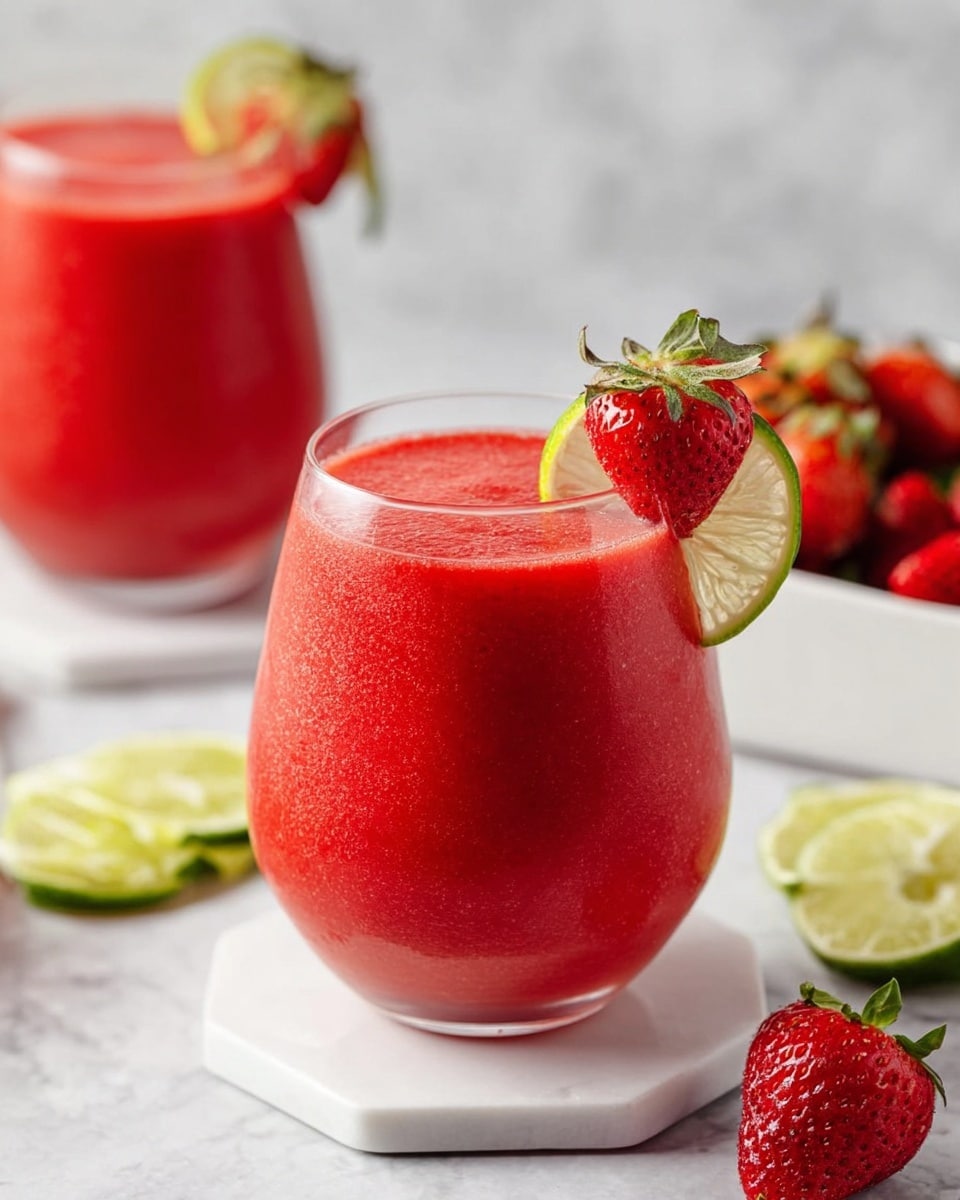 The image shows a glass filled with a smooth, bright red strawberry smoothie. The smoothie has small bubbles on the surface, giving it a fresh look. The glass is clear and round at the bottom with a slightly wider top and is placed on a white marbled surface. On the rim of the glass, there is one fresh whole strawberry and a slice of lime, both bright and colorful. In the background, there is a white bowl filled with more strawberries and part of a jar with the same red smoothie. The whole scene is lit with soft, natural light to highlight the rich red color of the drink. Photo taken with an iphone --ar 4:5 --v 7