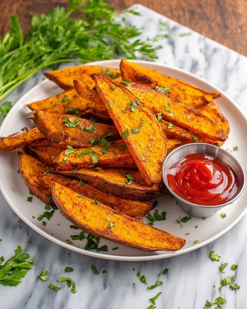 A white plate filled with a pile of golden orange sweet potato wedges arranged in layers, some stacked over others, showing a slightly crisp and seasoned texture. On the right side of the plate sits a small silver cup filled with bright red ketchup, smooth and shiny. Fresh green chopped parsley is sprinkled lightly over the wedges and around the plate, adding color contrast. The plate is set on a white marbled surface with some green parsley stems and leaves placed loosely in the background. photo taken with an iphone --ar 4:5 --v 7