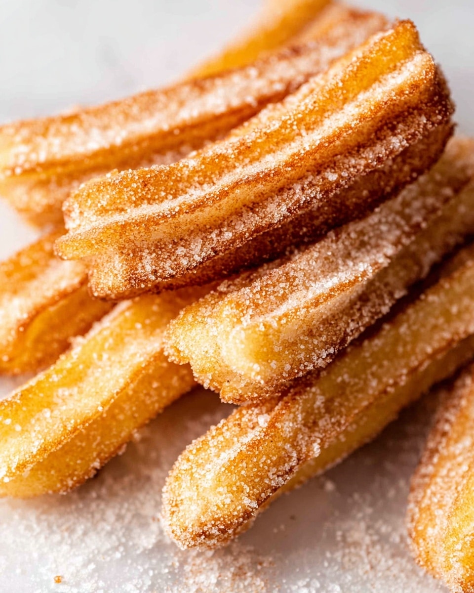 A close-up view of several golden brown churros stacked in a slightly messy pile on a white marbled surface. Each churro has a ridged texture with a crispy outer layer and is covered evenly with fine sugar granules. The churros have a light, warm yellow color with hints of darker toasted edges, showing their crunchy coating. The white sugar contrasts with the warm tones of the churros, and some sugar is scattered around them on the surface. Photo taken with an iphone --ar 4:5 --v 7