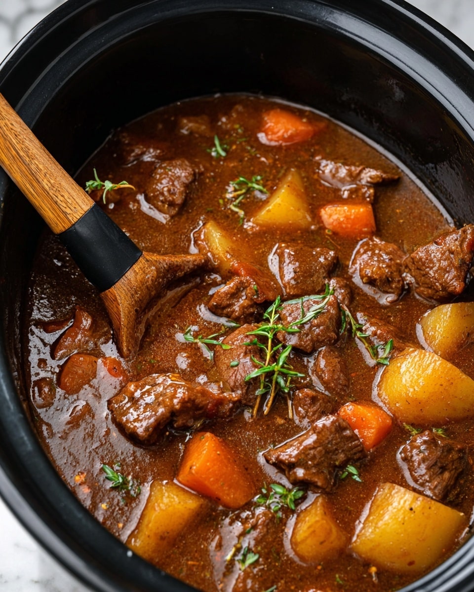 The image shows a close-up view of a rich beef stew inside a black pot. The stew has chunks of dark brown beef, orange carrot pieces, and small yellow potato chunks, all mixed in thick brown gravy. The surface has small green herb leaves scattered on top, adding a fresh touch. A wooden spoon with a black handle stands inside the pot, partially submerged in the stew. The background is a white marbled surface. photo taken with an iphone --ar 4:5 --v 7
