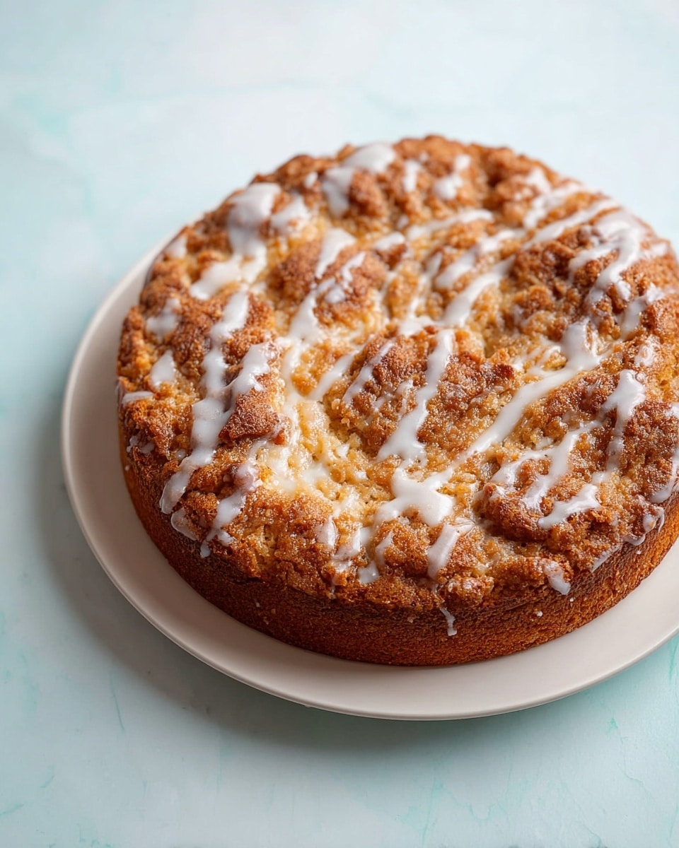 A round cake with a rough, golden brown crust sits in the center of a white plate. The top of the cake is uneven and textured, with swirls of white icing drizzled thinly across the surface in an irregular pattern. The cake looks soft inside with a slightly crispy outside layer. The plate is placed on a white marbled surface. photo taken with an iphone --ar 4:5 --v 7