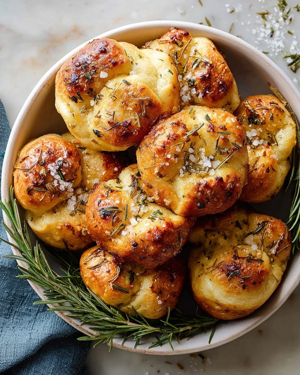 The image shows a close-up of several golden-brown baked muffins topped with coarse salt and small pieces of green herbs, most likely rosemary. Each muffin has a slightly irregular, puffy top with a soft, light yellow inside and a darker, crispier brown edge at the base. The muffins are tightly packed together on a white marbled surface, and the texture looks fluffy and tender with visible baked seasoning on top. photo taken with an iphone --ar 4:5 --v 7